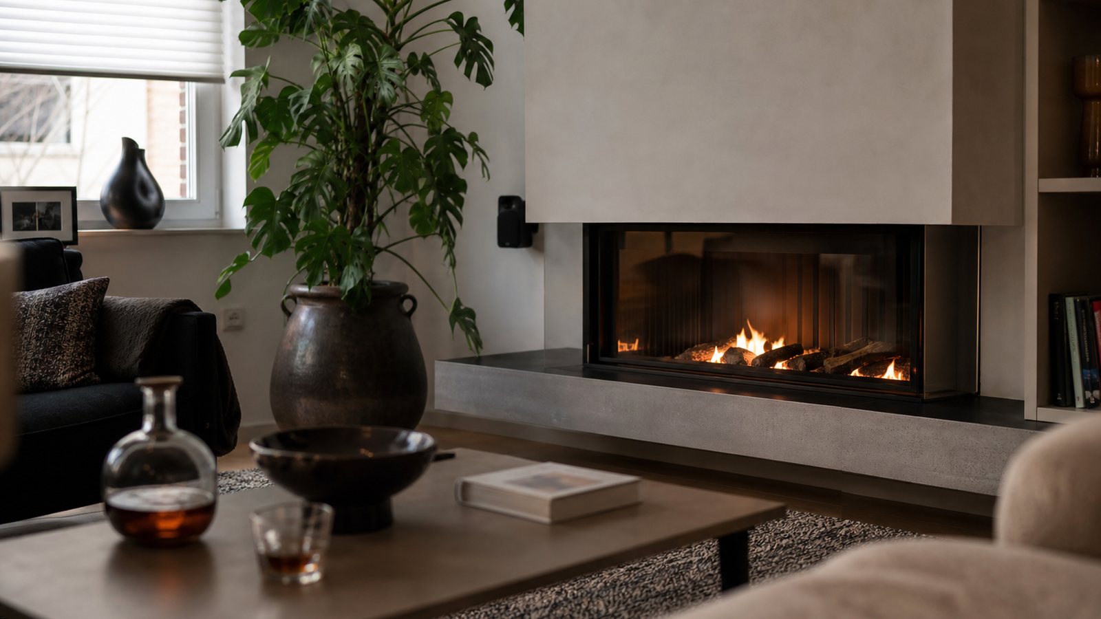 Poêle design compact intégré au salon d'un appartement ancien aux moulures blanches
