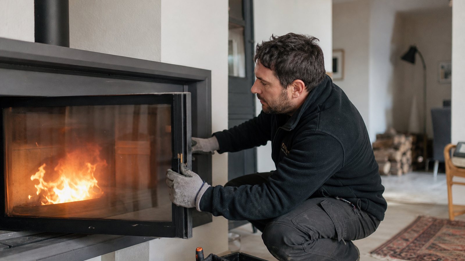 Installation professionnelle du conduit d'une cheminée avec distances de sécurité respectées
