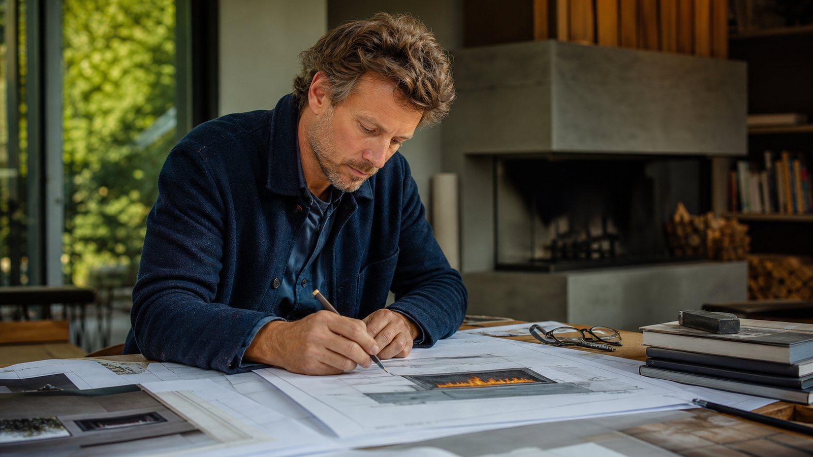 Plans, échantillons et croquis d'un projet de cheminée sur mesure posés sur un établi