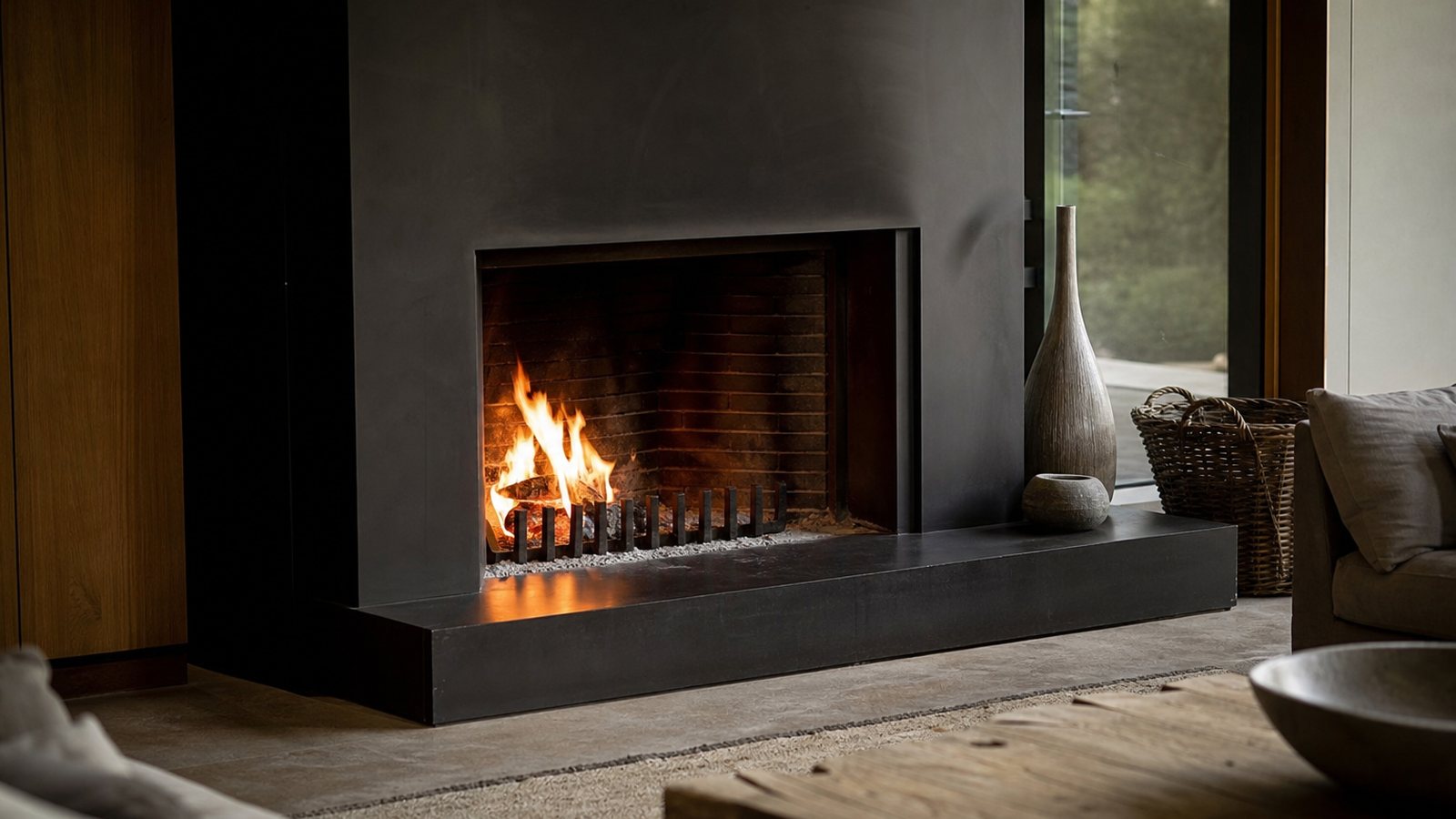 Cheminée design en acier thermolaqué et pierre naturelle mettant en valeur la flamme