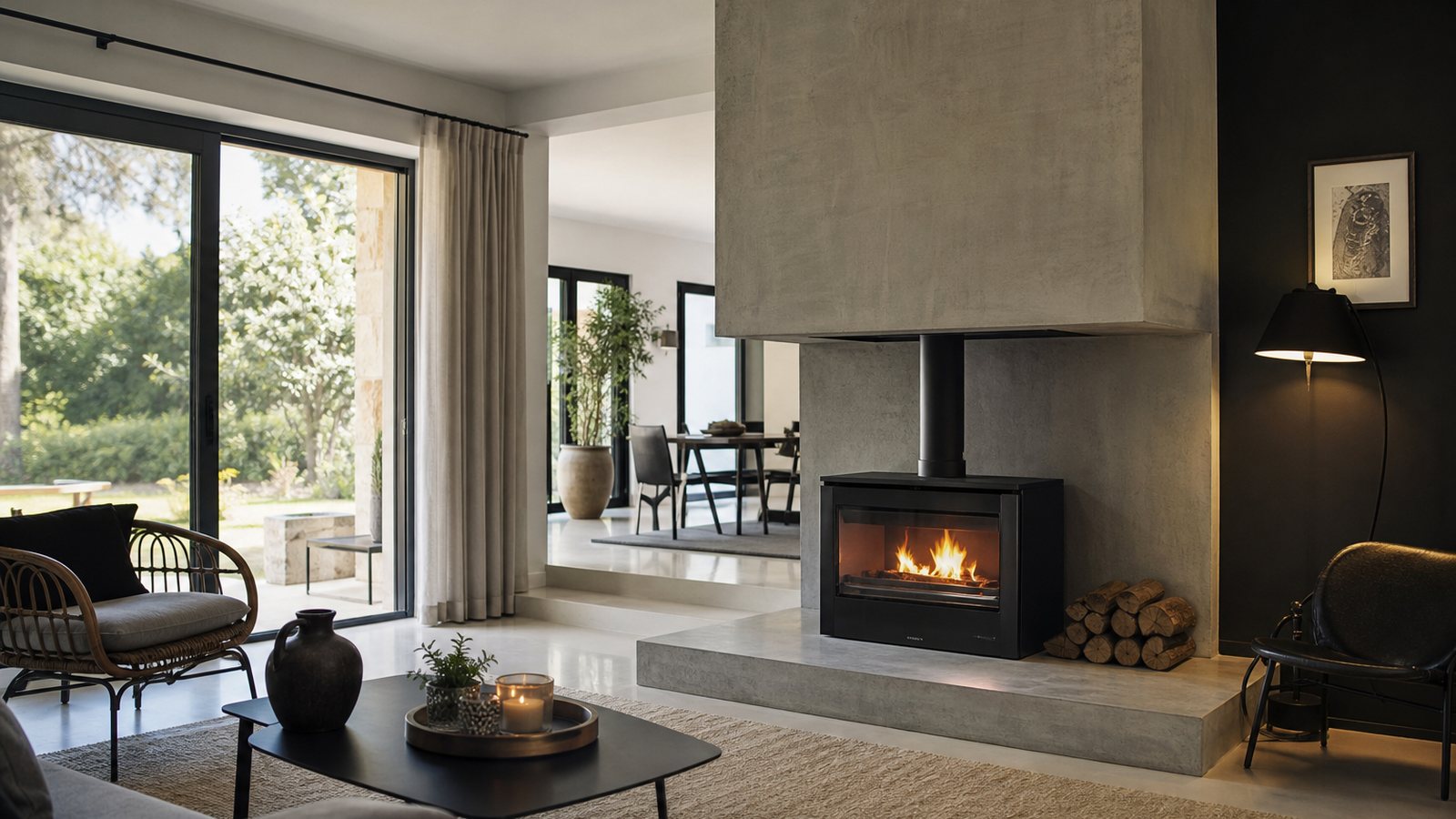 Cheminée design contemporaine dans un vaste salon lumineux
